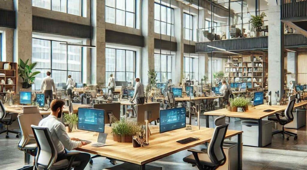 Spacious modern office with high ceilings, large windows, and multiple workstations offers a productive workspace. Employees are seated at desks with computers, surrounded by plants. Perfect for those considering relocating to a vibrant Vancouver office moving scene.